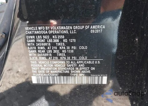 2018 Volkswagen Atlas 2.0T S z USA, uszkodzony, nr VIN 1V2AP2CA6JC530567